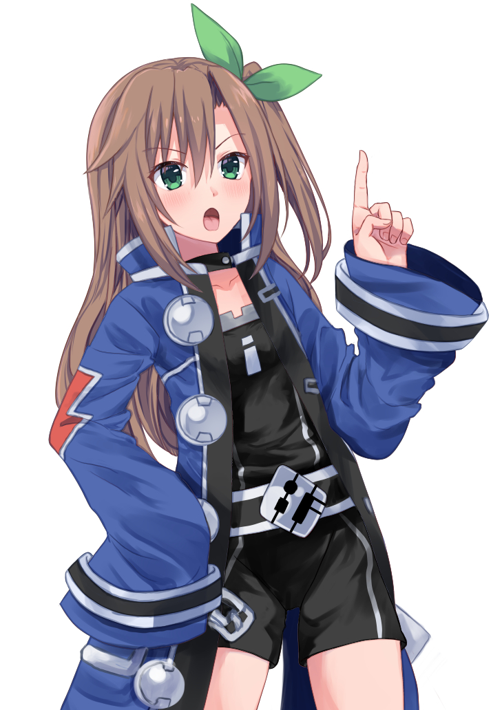 1girl aisu_(icicleshot) bow brown_hair eyebrows_visible_through_hair green_eyes hair_between_eyes hair_bow hair_ornament if_(neptune_series) jacket long_hair looking_at_viewer neptune_(series) open_mouth short_shorts shorts simple_background solo white_background