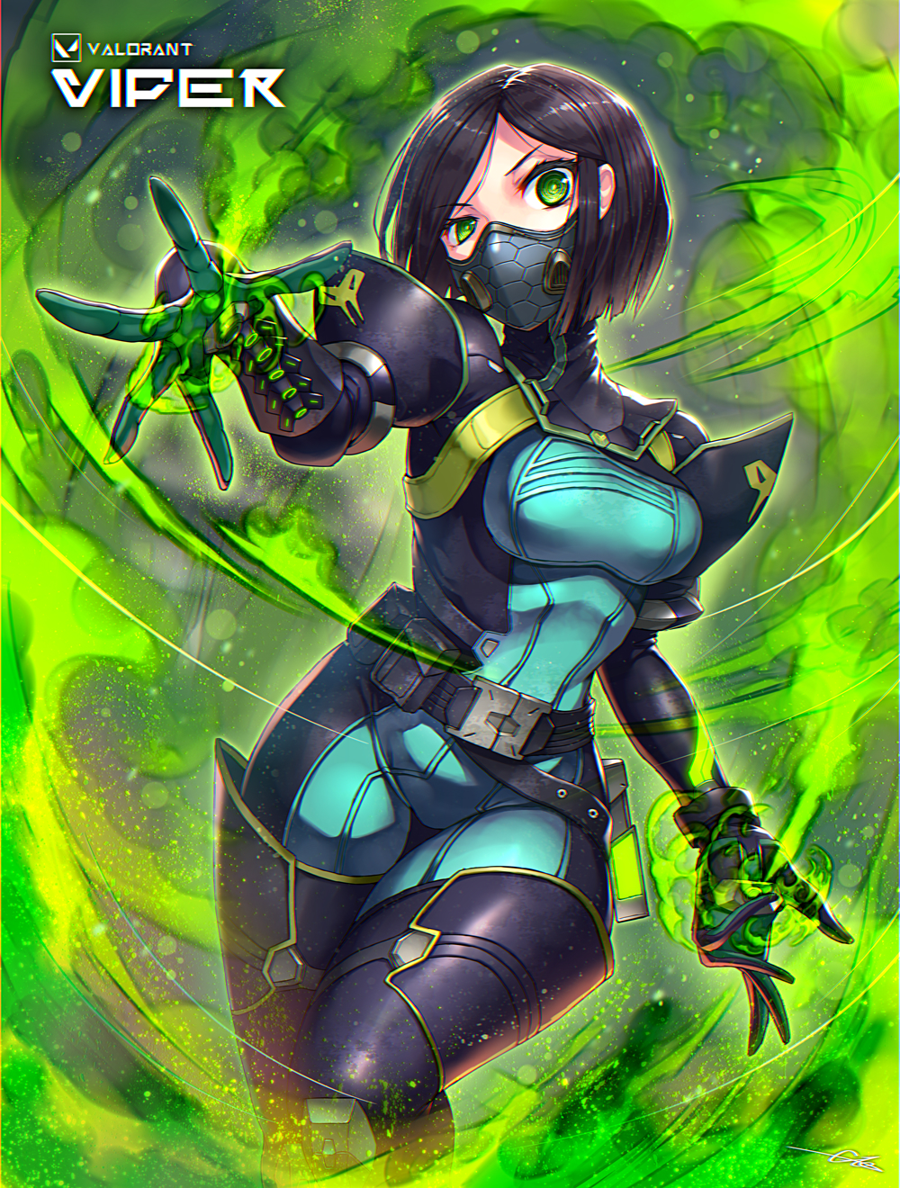 1girl bob_cut bodysuit breasts brown_hair character_name commentary_request copyright_name eyebrows_visible_through_hair gas_mask gia green_bodysuit green_hair green_theme highres looking_at_viewer mask medium_breasts ninja_mask short_hair skin_tight solo uneven_eyes valorant viper_(valorant)