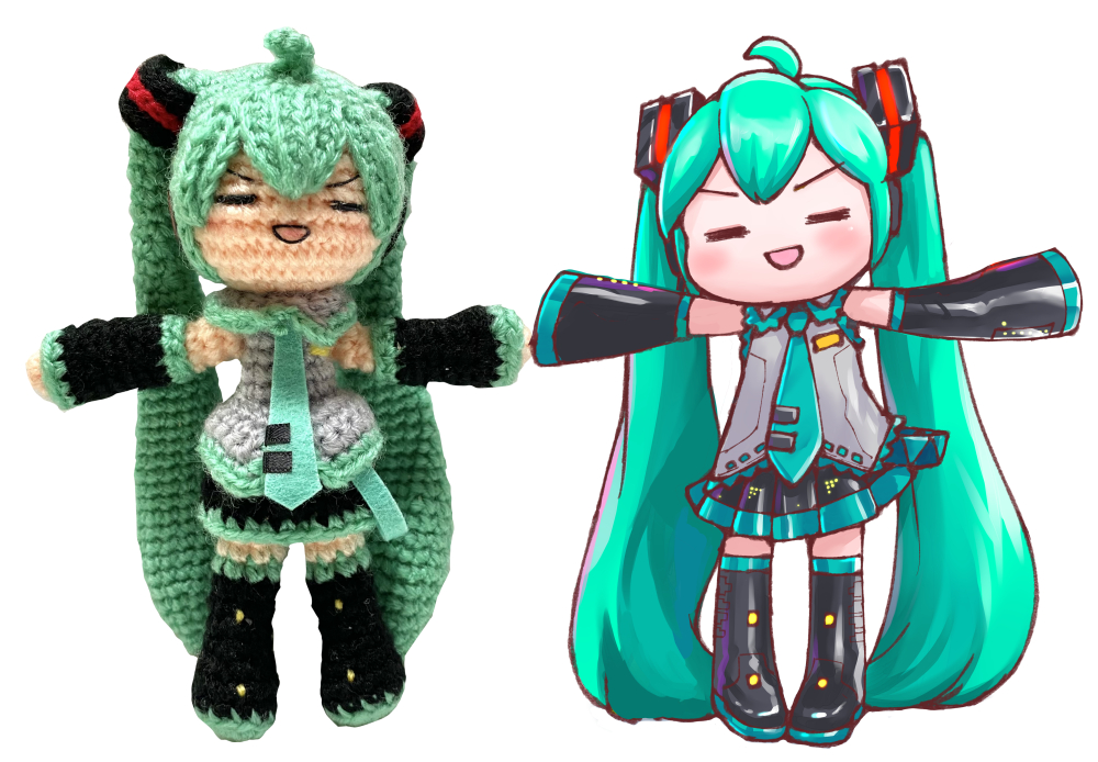 1girl =_= ahoge aqua_hair aqua_neckwear bare_shoulders black_legwear black_skirt black_sleeves blush chibi chibi_miku_(mayo_riyo) closed_eyes commentary crochet detached_sleeves doll facing_viewer full_body grey_shirt hair_ornament hatsune_miku holding_hands long_hair mayo_riyo miniskirt necktie open_mouth outstretched_arms pleated_skirt shirt skirt sleeveless sleeveless_shirt smile standing thigh-highs twintails v-shaped_eyebrows very_long_hair vocaloid zettai_ryouiki