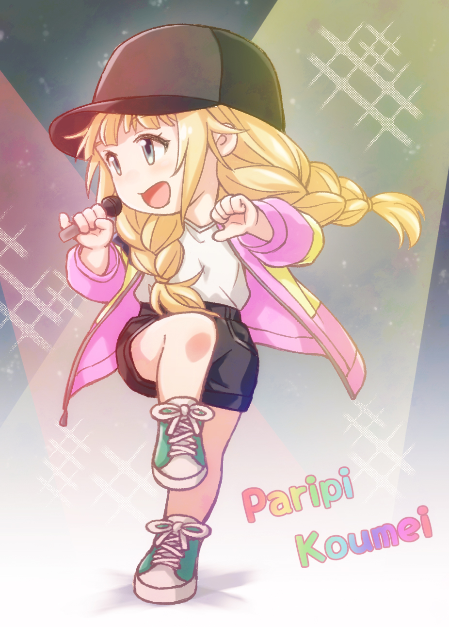 1girl :d acea4 bangs baseball_cap black_headwear black_shorts blonde_hair blue_eyes blunt_bangs braid chibi copyright_name hat highres holding holding_microphone hood hoodie jacket leg_up long_hair looking_to_the_side microphone open_clothes open_hoodie open_jacket paripi_koumei shirt shoes short_shorts shorts smile sneakers solo tsukimi_eiko twin_braids white_shirt