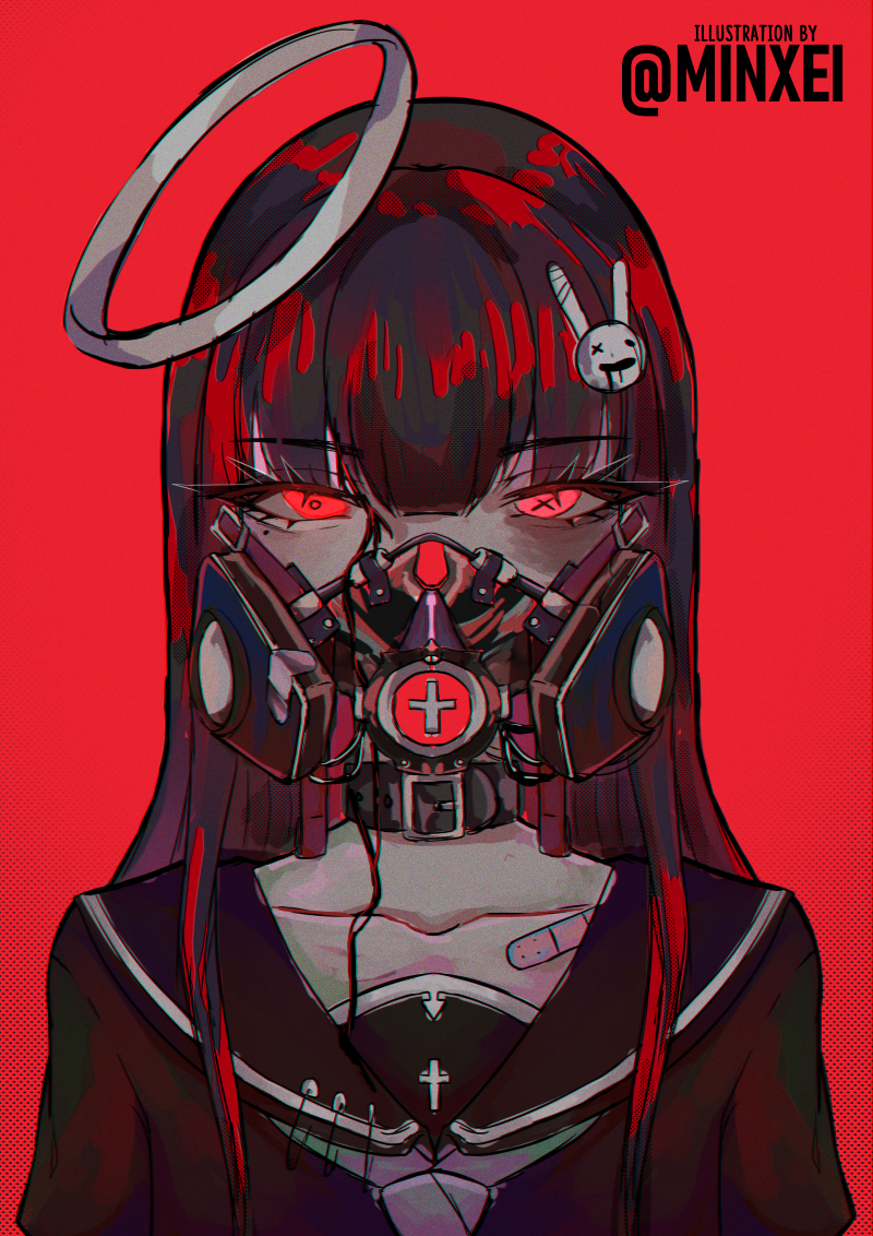 1girl artist_name bandaid bangs black_hair bunny_hair_ornament collarbone eyebrows_visible_through_hair gas_mask glowing glowing_eyes hair_ornament halo long_hair mask minxei mouth_mask original red_background red_eyes school_uniform serafuku solo