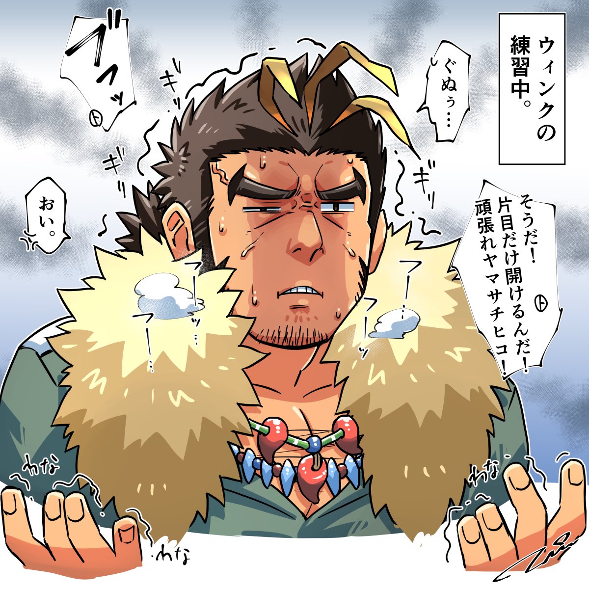 1boy blonde_hair brown_hair chest_hair chibi facial_hair hairy highres long_sideburns magatama magatama_necklace male_cleavage male_focus mature_male multicolored_hair muscular muscular_male pectorals short_hair smile snow solo streaked_hair stubble sweat thick_eyebrows tokyo_houkago_summoners tptptpn two-tone_hair yamasachihiko_(tokyo_houkago_summoners)