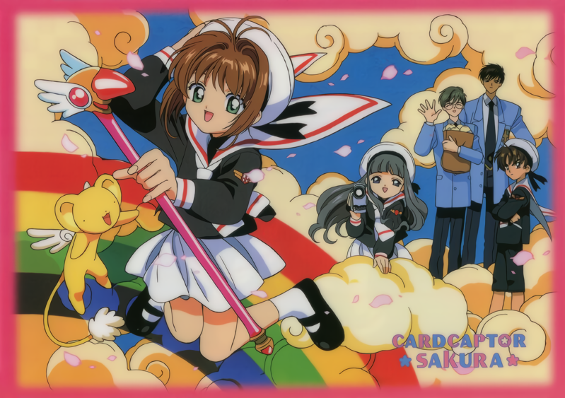 2girls 3boys aqua_eyes arm_up bag bangs black_footwear black_hair brown_hair camcorder cardcaptor_sakura cherry_blossoms closed_eyes clouds copyright_name daidouji_tomoyo emblem fuuin_no_tsue grocery_bag hat holding holding_bag holding_wand kero kinomoto_sakura kinomoto_touya knees_together_feet_apart li_xiaolang long_hair long_sleeves mary_janes miniskirt multiple_boys multiple_girls official_art open_mouth rainbow school_uniform shoes shopping_bag short_hair silver_hair skirt tomoeda_elementary_school_uniform tsukishiro_yukito wand waving white_skirt