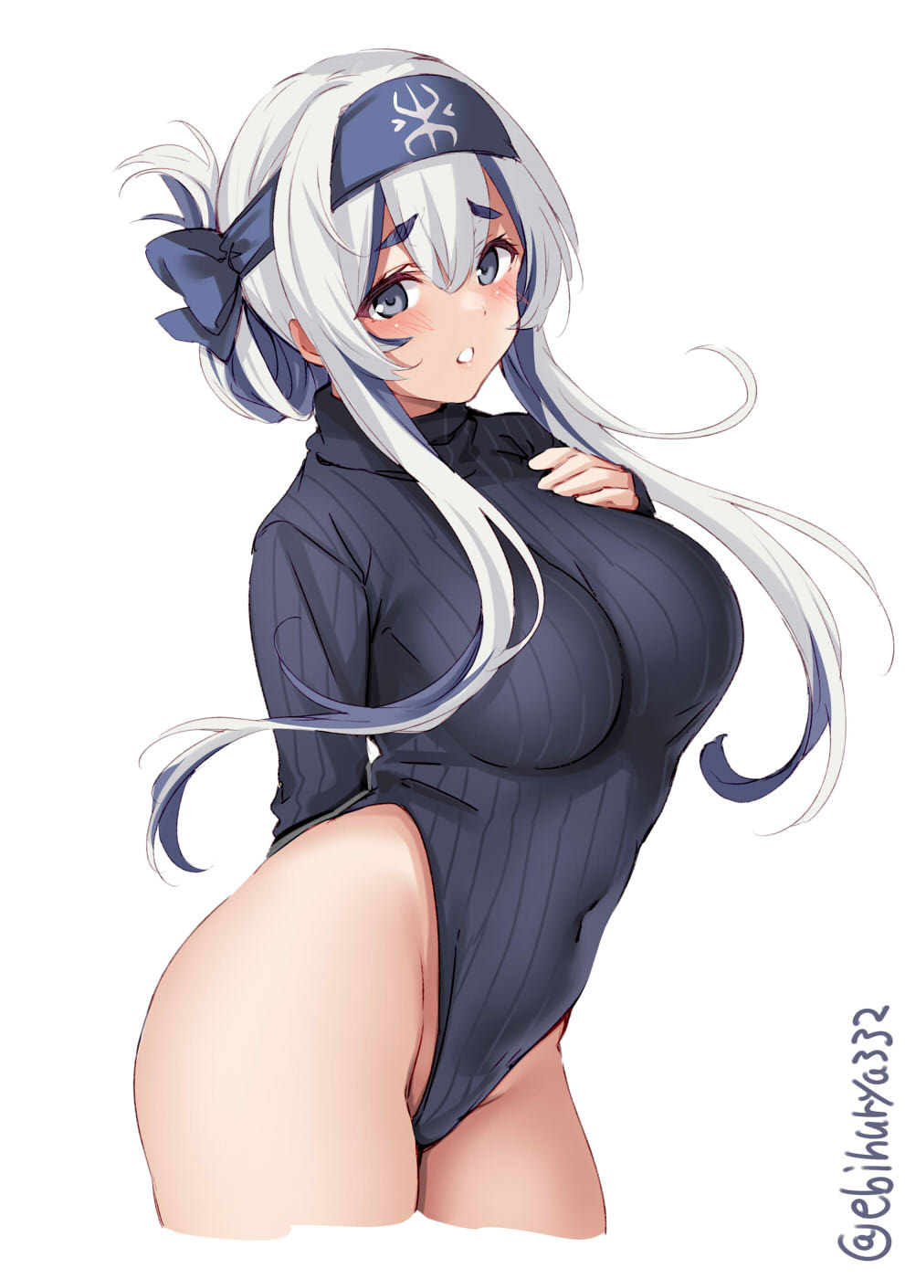 1girl arm_behind_back black_leotard blue_eyes blue_headband blush breasts cropped_legs ebifurya folded_ponytail groin hair_between_eyes hand_on_own_chest headband highres kamoi_(kancolle) kantai_collection large_breasts leotard long_hair long_sleeves open_mouth ribbed_leotard simple_background solo twitter_username white_background white_hair