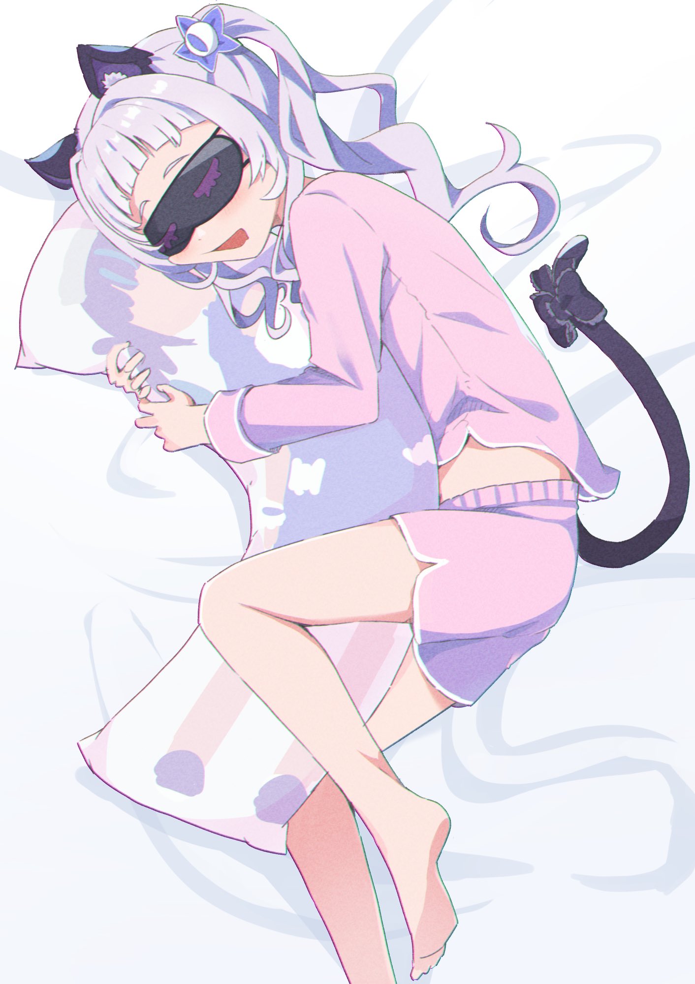 1girl animal_ears blindfold cat_ears cat_tail closed_eyes highres hololive long_hair lying murasaki_shion pajamas popup silver_hair sleeping solo tail virtual_youtuber