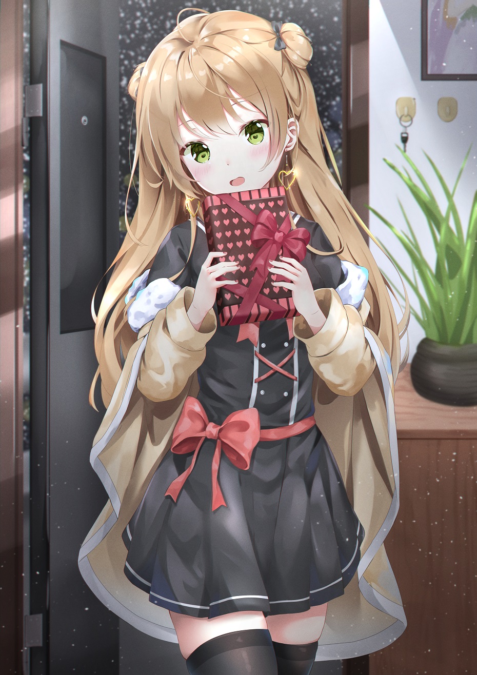 1girl :o ahoge bangs black_dress black_legwear blush bow box brown_coat brown_hair coat commentary double_bun dress earrings fur-trimmed_coat fur_trim gift gift_box girls_frontline green_eyes hair_bow heart heart_earrings highres holding holding_gift jewelry long_hair long_sleeves looking_at_viewer nail_polish open_door red_nails red_ribbon rfb_(girls_frontline) ribbon snowing solo thigh-highs u.b_m1s2s valentine wide_sleeves