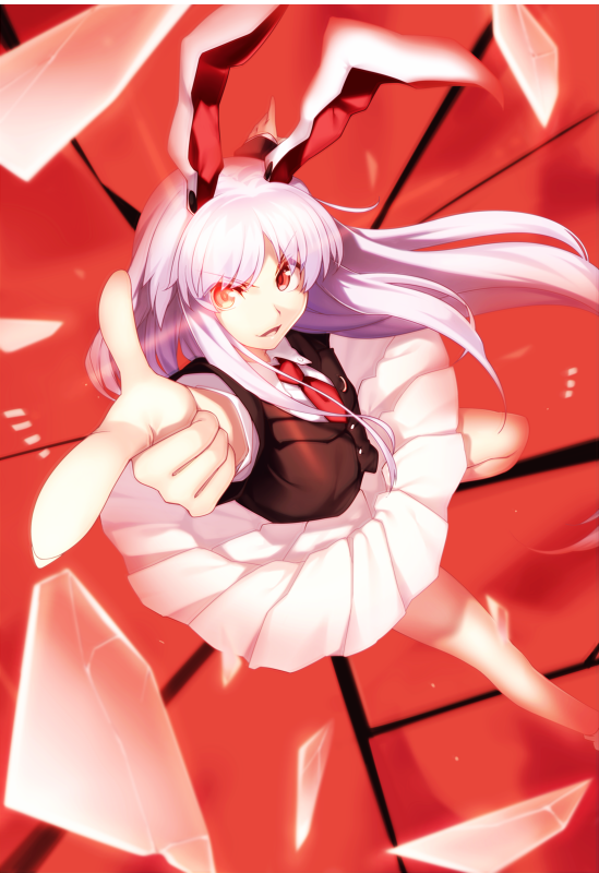 1girl animal_ears bangs blazer blouse buttons collared_blouse crescent crescent_pin finger_gun glowing glowing_eye jacket kaiza_(rider000) legs light_purple_hair long_hair long_sleeves medium_skirt necktie outstretched_arm pleated_skirt purple_hair rabbit_ears red_eyes red_neckwear reisen_udongein_inaba skirt solo thighs touhou white_blouse