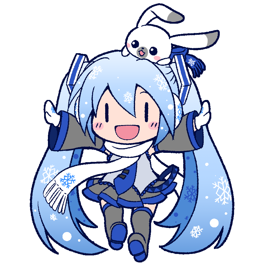 1girl 1other bare_shoulders belt blush_stickers chibi commentary detached_sleeves full_body gloves grey_legwear grey_shirt grey_skirt grey_sleeves hair_ornament hatsune_miku light_blue_hair long_hair miesa miniskirt necktie on_head on_person open_mouth outstretched_arms pleated_skirt rabbit rabbit_yukine scarf shirt skirt sleeveless sleeveless_shirt smile snowflake_print thigh-highs twintails very_long_hair vocaloid white_background white_gloves white_scarf yuki_miku yuki_miku_(2011) zettai_ryouiki |_|