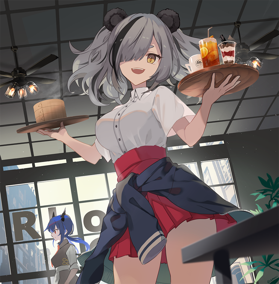 2girls :d alternate_costume amuri animal_ears arknights bamboo_steamer bear_ears black_hair blue_hair breasts brown_eyes cafe ceiling_fan ceiling_light ch'en_(arknights) clothes_around_waist coffee_mug collared_shirt cup feater_(arknights) grey_hair hair_over_one_eye high-waist_skirt holding holding_tray horns iced_tea indoors looking_at_viewer low_twintails medium_breasts mug multicolored_hair multiple_girls open_mouth parfait pleated_skirt red_eyes red_skirt shirt short_sleeves short_twintails skirt smile solo_focus streaked_hair table tray twintails two-tone_hair upper_teeth waitress white_shirt