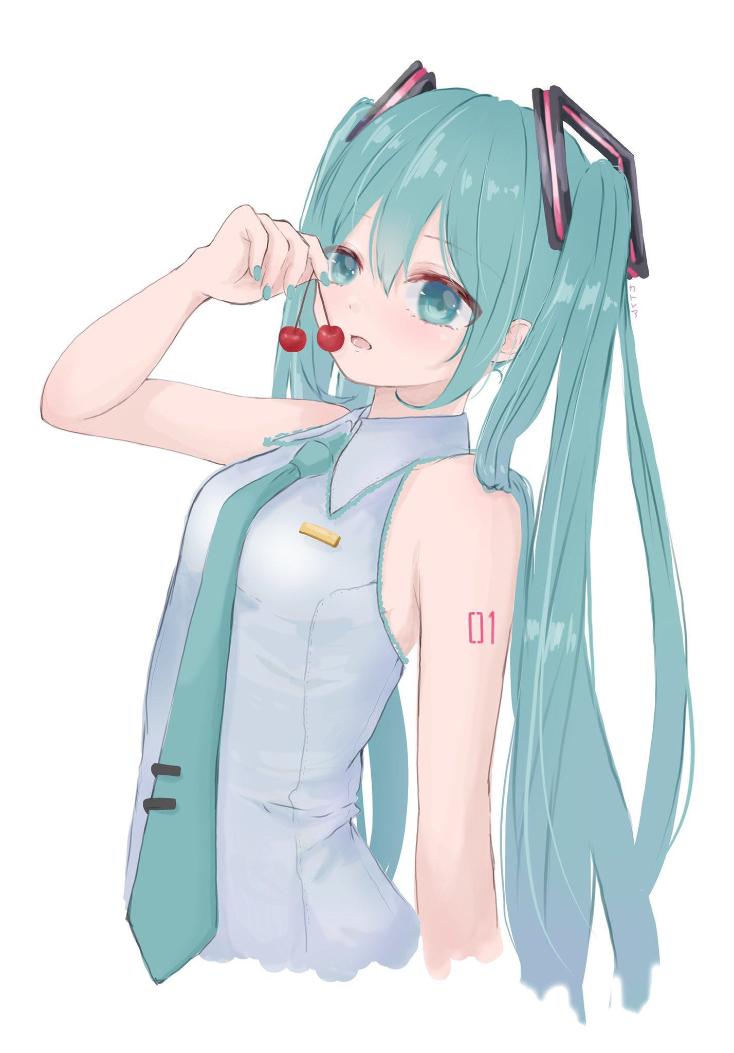 1girl bangs blue_eyes blue_hair blue_nails blue_neckwear collared_shirt cropped_arms cropped_torso eyebrows_visible_through_hair food fruit grey_shirt hair_between_eyes hair_ornament hatsune_miku highres holding holding_food holding_fruit katorea long_hair nail_polish necktie open_mouth shiny shiny_hair shirt simple_background sleeveless sleeveless_shirt solo twintails upper_body very_long_hair vocaloid white_background wing_collar