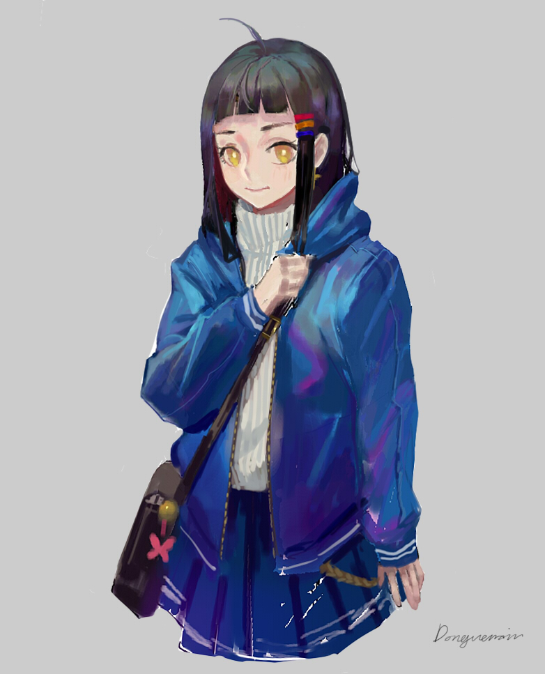 1girl ahoge bag bangs black_bag black_hair blue_jacket blue_skirt blunt_bangs blush closed_mouth grey_background hair_ornament hairclip hood hood_down hooded_jacket jacket long_hair open_clothes open_jacket original ribbed_sweater signature simple_background skirt sleeves_past_wrists smile solo sweater turtleneck turtleneck_sweater vicennter white_sweater yellow_eyes zipper