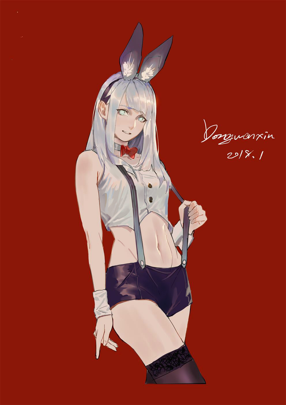 1girl animal_ear_fluff animal_ears bare_shoulders blue_eyes bow choker collarbone dated fake_animal_ears fingernails grey_choker grey_hair highres light_blue_eyes long_hair navel original parted_lips red_background red_bow signature simple_background smile solo thigh-highs vicennter