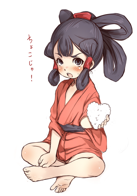 1girl barefoot black_eyes black_hair blush e10 food hair_rings holding holding_food indian_style japanese_clothes kimono looking_at_viewer open_mouth red_kimono rice sakuna-hime short_hair simple_background sitting soles solo tensui_no_sakuna-hime translation_request white_background