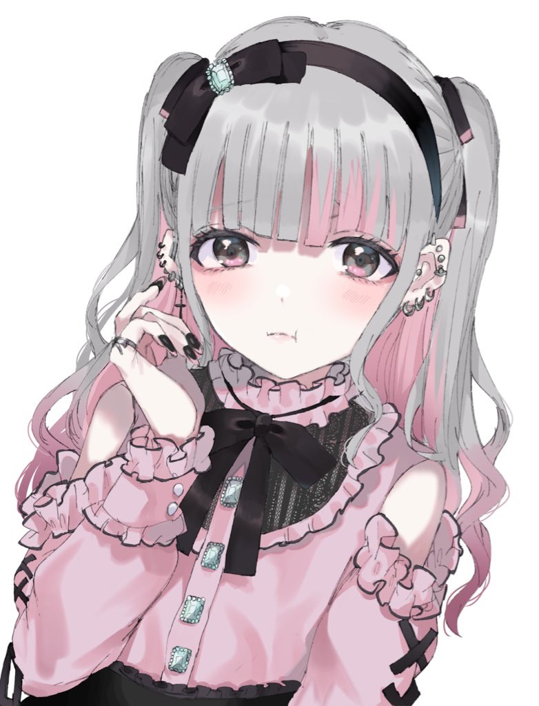 1girl :t bare_shoulders black_bow black_nails black_skirt bow closed_mouth clothing_cutout commentary ear_piercing grey_eyes grey_hair hair_bow hand_up kayanogura long_hair long_sleeves looking_at_viewer multicolored_hair nail_polish original piercing pink_hair pink_shirt pout puffy_long_sleeves puffy_sleeves shirt shoulder_cutout simple_background skirt sleeves_past_wrists solo symbol_commentary two-tone_hair two_side_up white_background