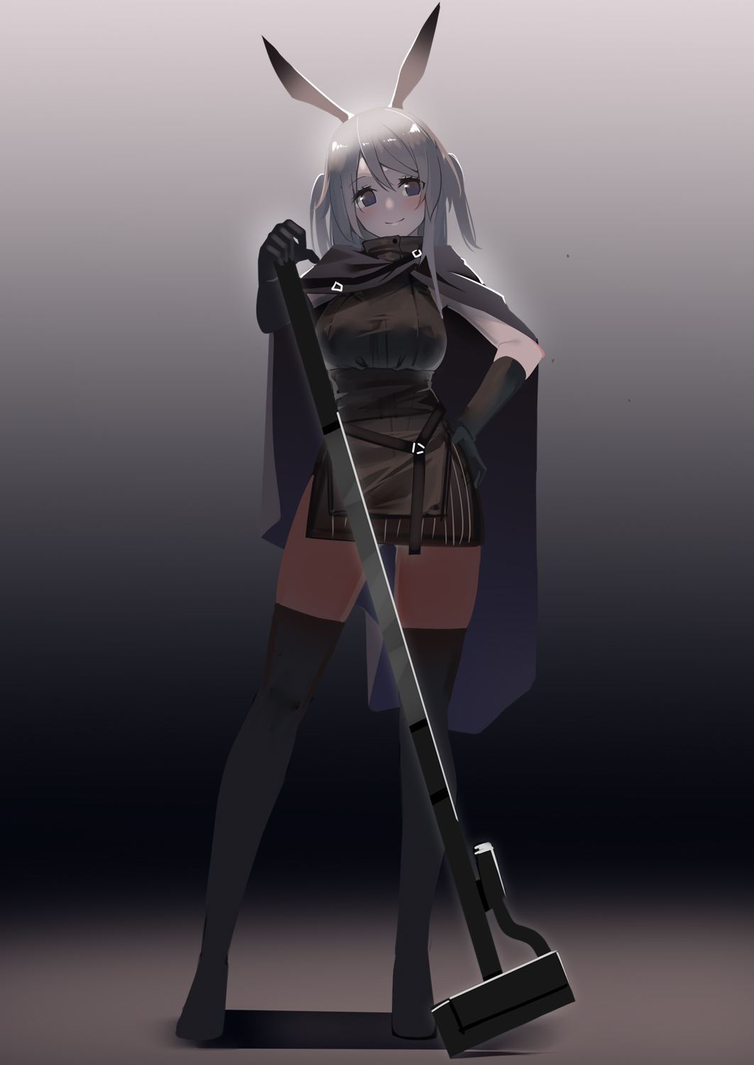 1girl animal_ears arknights bangs black_cloak black_dress black_gloves black_legwear cloak closed_mouth commentary commentary_request dress english_commentary full_body gloves grey_eyes hammer hand_on_hip highres holding holding_hammer long_hair looking_at_viewer rabbit_ears rabbit_girl savage_(arknights) short_dress silver_hair sledgehammer smile solo standing swept_bangs thigh-highs two_side_up warashi