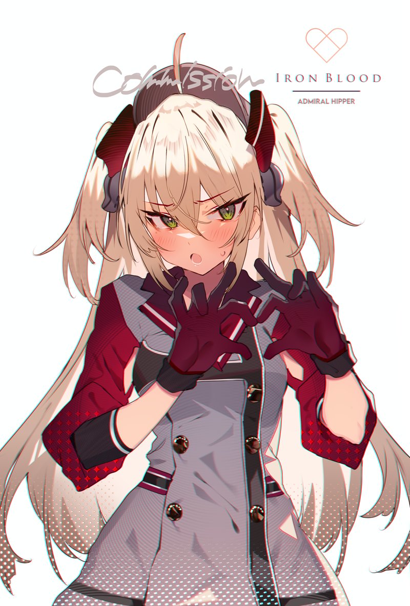 1girl admiral_hipper_(azur_lane) ahoge azur_lane blonde_hair blush commentary_request commission double-breasted eyebrows_visible_through_hair gloves green_eyes hair_between_eyes headgear heart heart_hands long_hair looking_at_viewer open_mouth skeb_commission solo soukou_makura sweatdrop two_side_up white_background