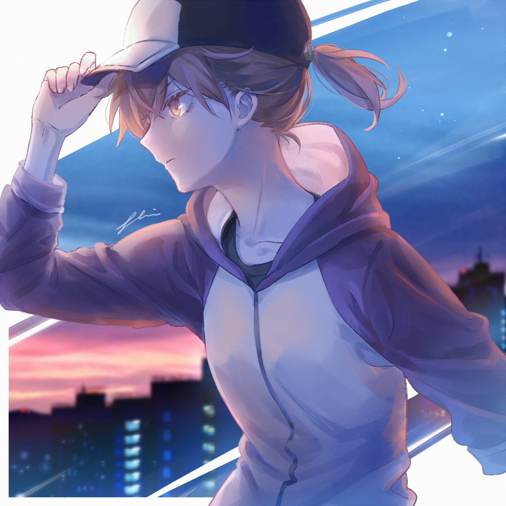 az_(zero_glvimayhop) baseball_cap blurry blurry_background brown_eyes brown_hair city_lights cityscape from_side hand_on_headwear hat hood hood_down hoodie misaka_mikoto night night_sky outside_border ponytail profile signature sky toaru_majutsu_no_index