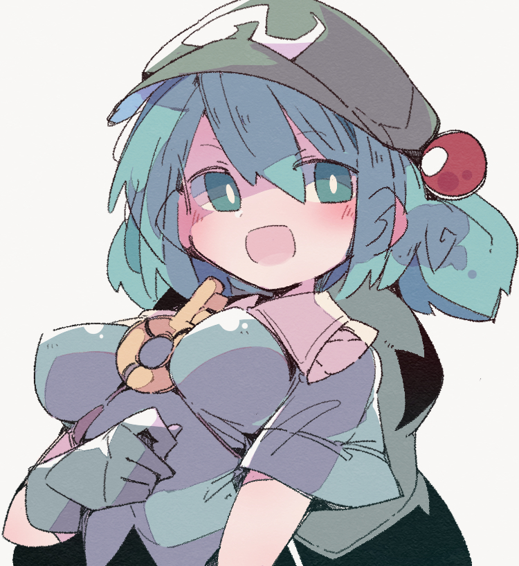 1girl between_breasts blue_eyes blue_gloves blue_hair blue_shirt breasts bright_pupils gloves green_headwear hair_bobbles hair_ornament kawashiro_nitori key looking_at_viewer ma_sakasama medium_breasts open_mouth shirt short_hair simple_background smile solo touhou two_side_up