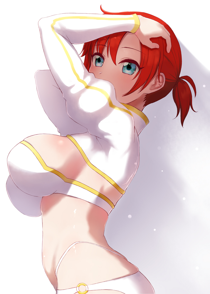 1girl arms_behind_head arms_up bangs bikini boudica_(fate) breasts fate/grand_order fate_(series) green_eyes juliet_sleeves large_breasts long_sleeves looking_at_viewer mo_sabo o-ring puffy_sleeves redhead short_ponytail shrug_(clothing) swimsuit white_bikini