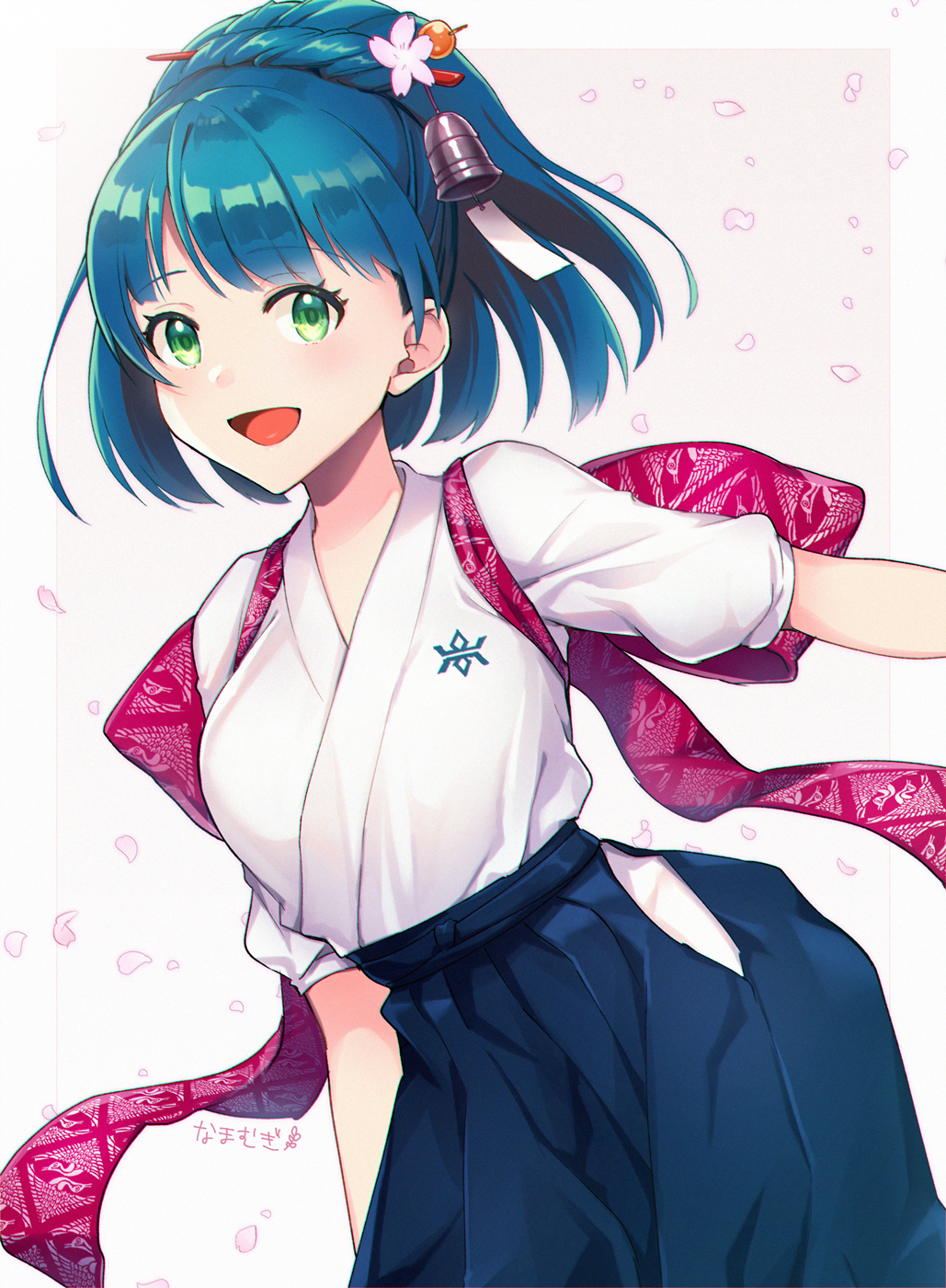 1girl :d bangs bell blue_hair blue_hakama breasts copyright_request eyebrows_visible_through_hair flower green_eyes hair_bell hair_flower hair_ornament hakama highres japanese_clothes kimono looking_at_viewer medium_breasts mugi_(iccomae) open_mouth pink_flower ponytail puffy_short_sleeves puffy_sleeves short_sleeves smile solo white_kimono