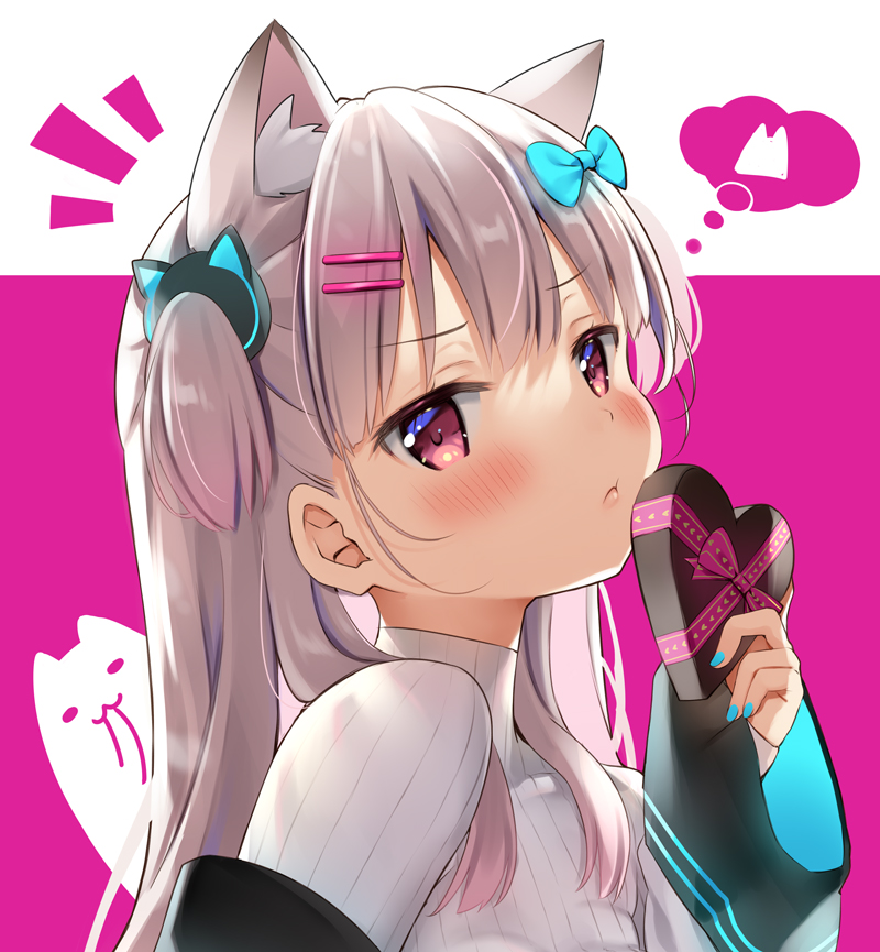 1girl :t animal_ear_fluff animal_ears bangs blue_bow blue_nails blush bow box cat_ears cat_hair_ornament closed_mouth commentary_request eyebrows_visible_through_hair gift gift_box grey_hair hair_bow hair_ornament hairclip heart-shaped_box holding holding_gift jacket kemonomimi_mode long_sleeves looking_at_viewer looking_to_the_side nail_polish natsume_eri notice_lines original pinching_sleeves pink_background pout red_eyes ribbed_sweater sleeves_past_wrists solo sweater thought_bubble turtleneck turtleneck_sweater two-tone_background two_side_up upper_body white_background white_jacket white_sweater wide_sleeves
