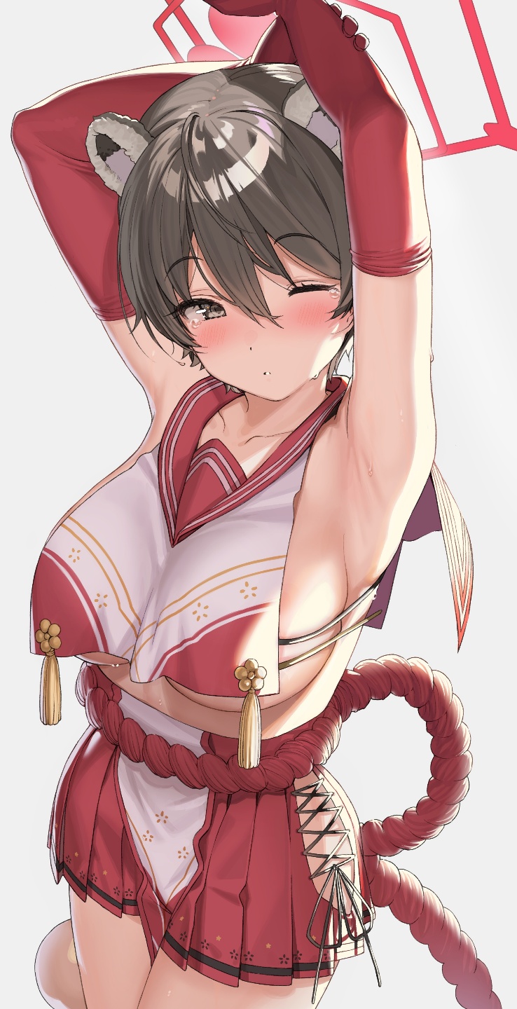 1girl animal_ears armpits arms_up bangs black_hair blue_archive blush breasts elbow_gloves eyebrows_visible_through_hair gloves grey_background hair_between_eyes highres kanzarin_(hoochikiss) large_breasts one_eye_closed pleated_skirt red_gloves red_sailor_collar red_skirt sailor_collar short_hair sideboob simple_background skirt sleeveless solo tassel tears tsubaki_(blue_archive)