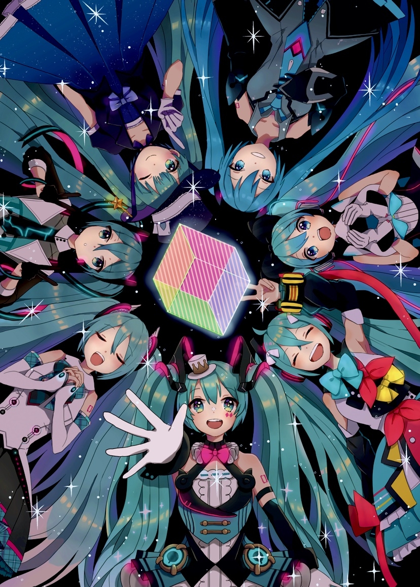 6+girls :d :o aqua_eyes aqua_hair black_background circle_formation closed_eyes cube eyebrows_visible_through_hair hand_up hands_clasped hands_on_own_chest hat hatsune_miku long_hair looking_at_viewer macha_3939 magical_mirai_(vocaloid) multiple_girls one_eye_closed open_mouth own_hands_together smile star_(sky) star_(symbol) twintails v very_long_hair vocaloid