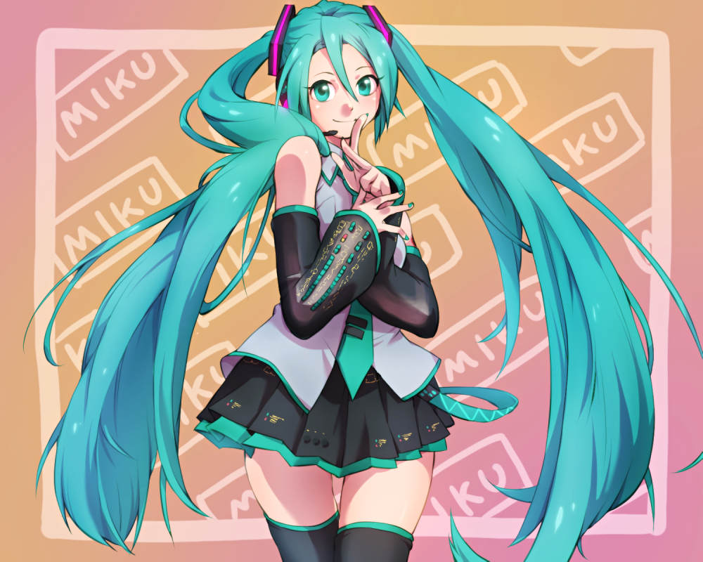 1girl aqua_belt aqua_eyes aqua_hair aqua_nails aqua_neckwear bangs bare_shoulders belt black_legwear black_skirt character_name closed_mouth collared_shirt cowboy_shot detached_sleeves eyelashes finger_to_mouth fingernails gradient gradient_background grey_shirt hair_between_eyes hands_up happy hatsune_miku kazahi_tsubame long_hair looking_at_viewer necktie orange_background own_hands_together pink_background pleated_skirt shiny shiny_hair shirt simple_background skirt sleeveless sleeveless_shirt smile solo tareme thigh-highs thigh_gap thighs twintails very_long_hair vocaloid yellow_background zettai_ryouiki