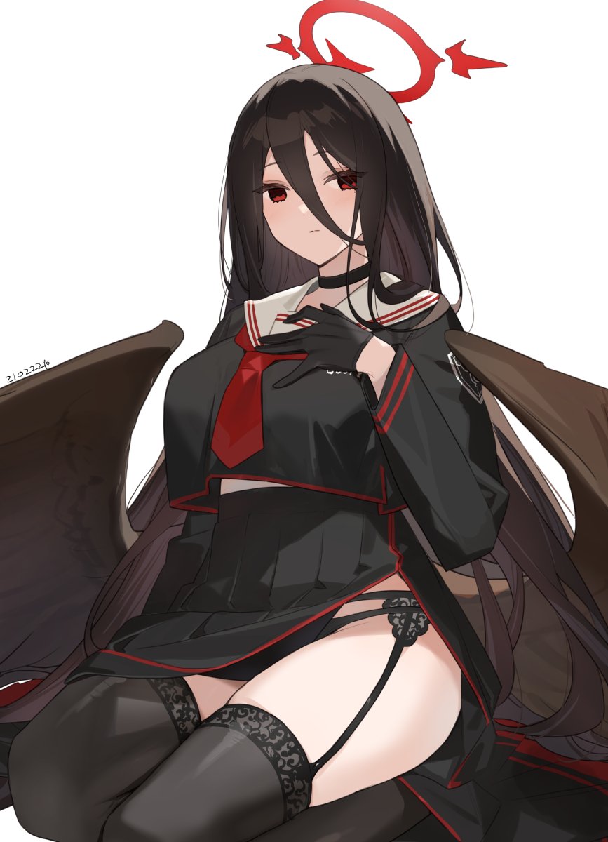 1girl bangs black_gloves black_hair black_legwear black_neckwear black_panties black_serafuku black_skirt black_wings blue_archive breast_curtains breasts choker commentary_request crop_top crop_top_overhang garter_belt gloves hair_between_eyes halo hasumi_(blue_archive) highres lace-trimmed_legwear lace_trim large_breasts long_hair long_sleeves panties pleated_skirt red_eyes school_uniform serafuku simple_background sitting skirt solo thigh-highs underwear very_long_hair wariza white_background wings yuuhi_homare