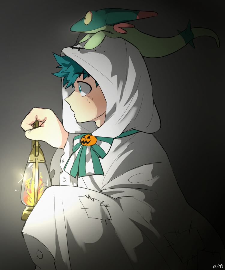 1boy aqua_eyes black_background boku_no_hero_academia bow bowtie commentary_request dreepy fire flame freckles gen_8_pokemon ghost_costume green_bow green_eyes green_hair halloween_costume hand_up holding hood hood_up lamp long_sleeves male_focus midoriya_izuku official_alternate_costume on_head open_mouth pink_dynamite09 pokemon pokemon_(creature) pokemon_on_head profile pumpkin robe short_hair signature solo striped striped_bow upper_body