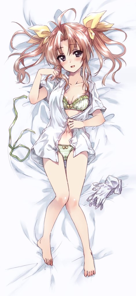 1girl ahoge bangs barefoot blush bow bow_bra bow_panties bra breasts brown_hair commentary_request crotch_seam dakimakura_(medium) dress_shirt eyebrows_visible_through_hair frilled_bra frills from_above full_body gloves gloves_removed green_bra green_panties green_ribbon hair_ribbon kagerou_(kancolle) kantai_collection kuroi_mimei looking_at_viewer lying medium_hair navel no_pants on_back on_bed open_clothes open_mouth open_shirt panties parted_bangs ribbon shirt small_breasts smile solo striped striped_panties twintails underwear vertical-striped_bra vertical_stripes white_gloves white_shirt wing_collar yellow_ribbon