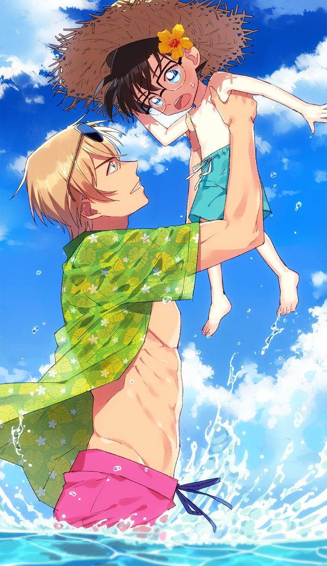 2boys amuro_tooru bangs black-framed_eyewear blonde_hair blue_eyes blue_sky brown_hair brown_headwear child clouds commentary_request day edogawa_conan eye_contact flower from_side glasses green_male_swimwear green_shirt grin hair_between_eyes hair_flower hair_ornament hat height_difference k_(gear_labo) leaf_print lifting_person looking_at_another male_focus male_swimwear meitantei_conan multiple_boys ocean open_clothes open_mouth open_shirt pectorals pink_male_swimwear print_shirt shirt short_hair sky smile splashing standing straw_hat sweatdrop swim_trunks swimwear toned toned_male upper_teeth wading water yellow_flower