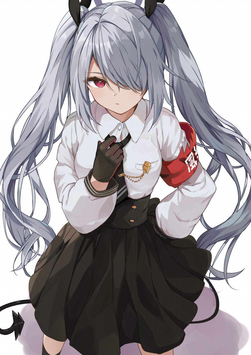 1girl :/ black_gloves black_ribbon black_skirt blue_archive breasts closed_mouth feet_out_of_frame from_above gloves grey_hair hair_over_one_eye hair_ribbon hand_on_hip highres iori_(blue_archive) long_hair looking_at_viewer medium_breasts puffy_sleeves racchi. red_eyes ribbon shirt simple_background skirt solo standing twintails very_long_hair white_background white_shirt