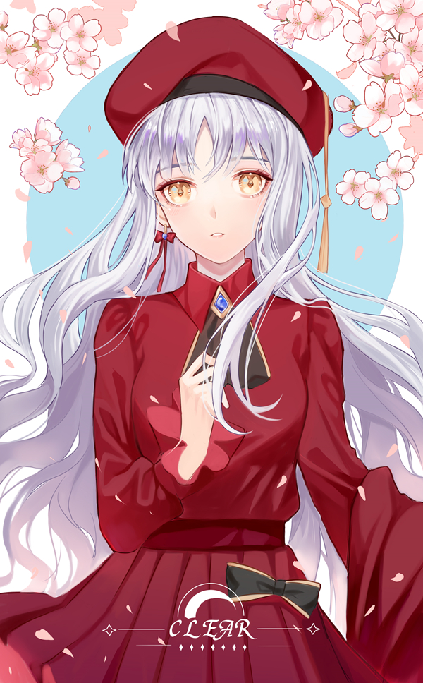 1girl artist_name bangs beret breasts brooch caren_hortensia caren_hortensia_(amor_caren) cherry_blossoms clear_regulus dress fate/grand_order fate_(series) flower hat jewelry long_hair long_sleeves looking_at_viewer medium_breasts neck_ribbon parted_lips red_dress red_headwear ribbon wavy_hair white_hair yellow_eyes