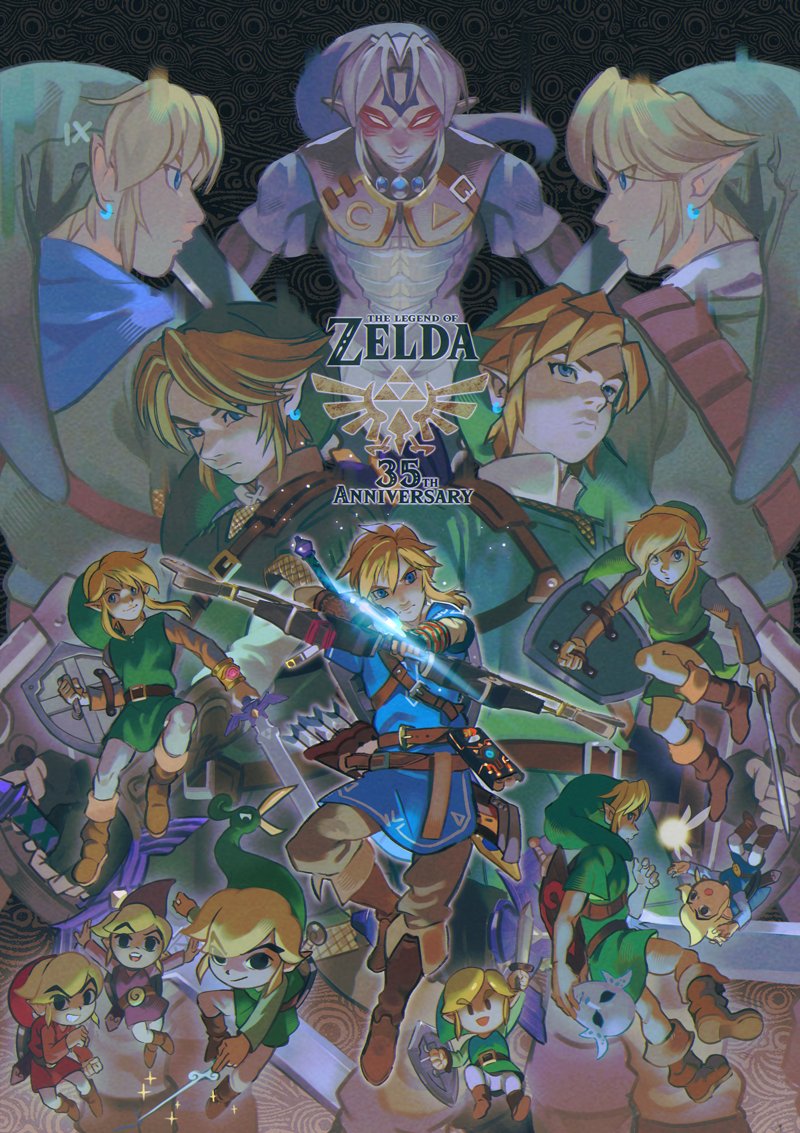 6+boys aiming_at_viewer anniversary arrow_(projectile) blue_tunic boots bow_(weapon) chibi copyright_name ezlo fierce_deity glowing_arrow green_tunic hat hyrule_warriors link mask master_sword multiple_boys multiple_persona pointy_ears quiver scarf serious sheikah_slate shield smile sparkle sword sword_behind_back tatl the_legend_of_zelda the_legend_of_zelda:_a_link_to_the_past the_legend_of_zelda:_four_swords the_legend_of_zelda:_majora's_mask the_legend_of_zelda:_ocarina_of_time the_legend_of_zelda:_skyward_sword the_legend_of_zelda:_the_minish_cap the_legend_of_zelda:_the_wind_waker the_legend_of_zelda:_twilight_princess the_legend_of_zelda_(nes) toon_link triforce uzucake weapon wooden_shield young_link