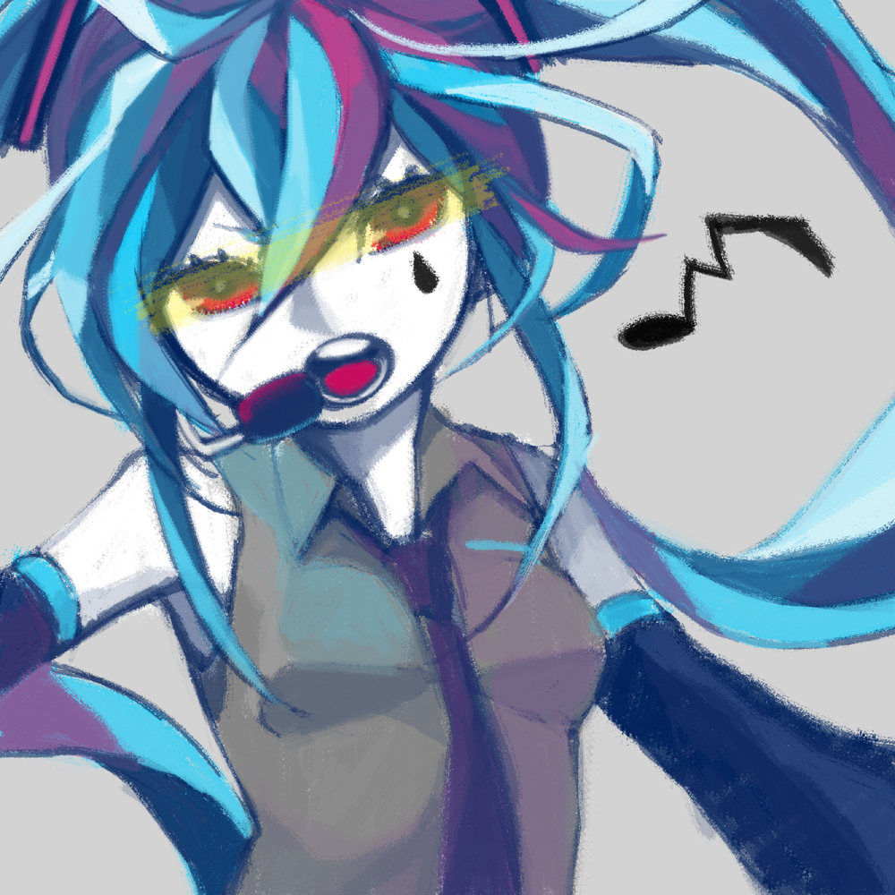 1girl arms_at_sides bangs bare_shoulders black_neckwear black_tears blue_hair breasts close-up collared_shirt colored_skin colorful detached_sleeves eighth_note eyelashes facing_viewer grey_background grey_shirt hair_between_eyes hatsune_miku head_tilt headset long_hair lower_teeth momoiro_oji music musical_note necktie open_mouth red_eyes round_teeth serious shirt simple_background singing single_tear sleeveless sleeveless_shirt small_breasts solo tareme tears teeth twintails upper_body upper_teeth vocaloid white_skin