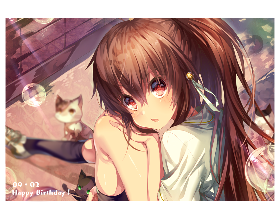 1girl bangs black_legwear brown_hair cat chestnut_mouth chi_no hair_between_eyes hair_ribbon happy_birthday kneehighs letterboxed little_busters!! long_hair looking_at_viewer natsume_rin open_mouth ponytail red_eyes ribbon shiny shiny_hair shiny_skin shirt shoes short_sleeves sitting sneakers solo sunlight very_long_hair white_ribbon white_shirt