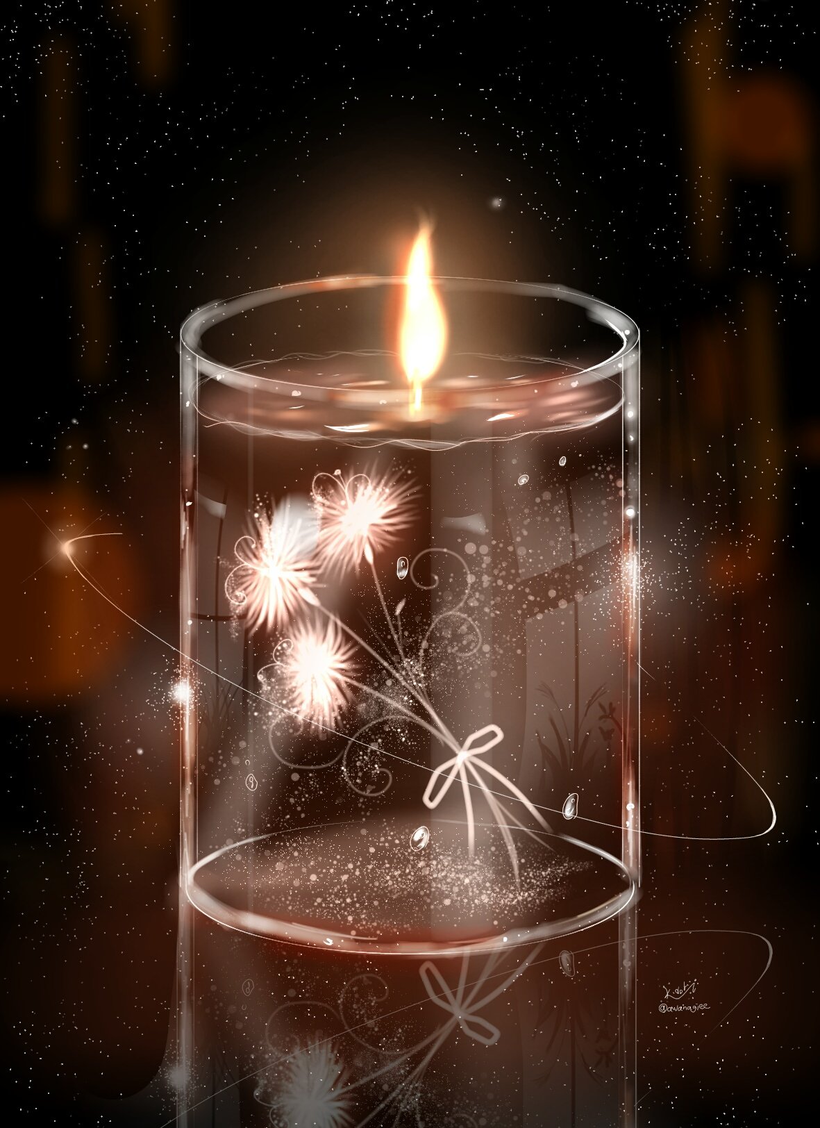 awanagiee bottle candle dandelion flower glass highres night no_humans original scenery signature sky still_life