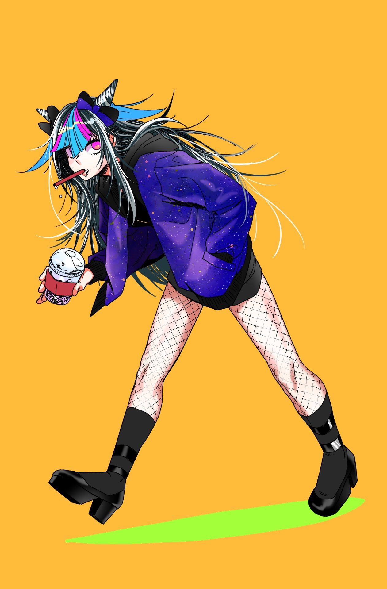 1girl alternate_costume alternate_hair_ornament black_bow black_footwear black_hair black_hoodie black_legwear blue_bow bow bubble_tea dangan_ronpa_(series) dangan_ronpa_2:_goodbye_despair drinking_straw_in_mouth ear_piercing fishnet_legwear fishnets full_body hair_bow hair_horns hand_in_pocket high_heels highres holding hood hoodie jacket jewelry leaning_forward long_hair looking_at_viewer mioda_ibuki multicolored_hair nk_ndr_bu orange_background piercing pink_eyes pink_hair school_uniform shiny shiny_hair simple_background socks solo space_print starry_sky_print two-tone_bow white_hair yellow_background