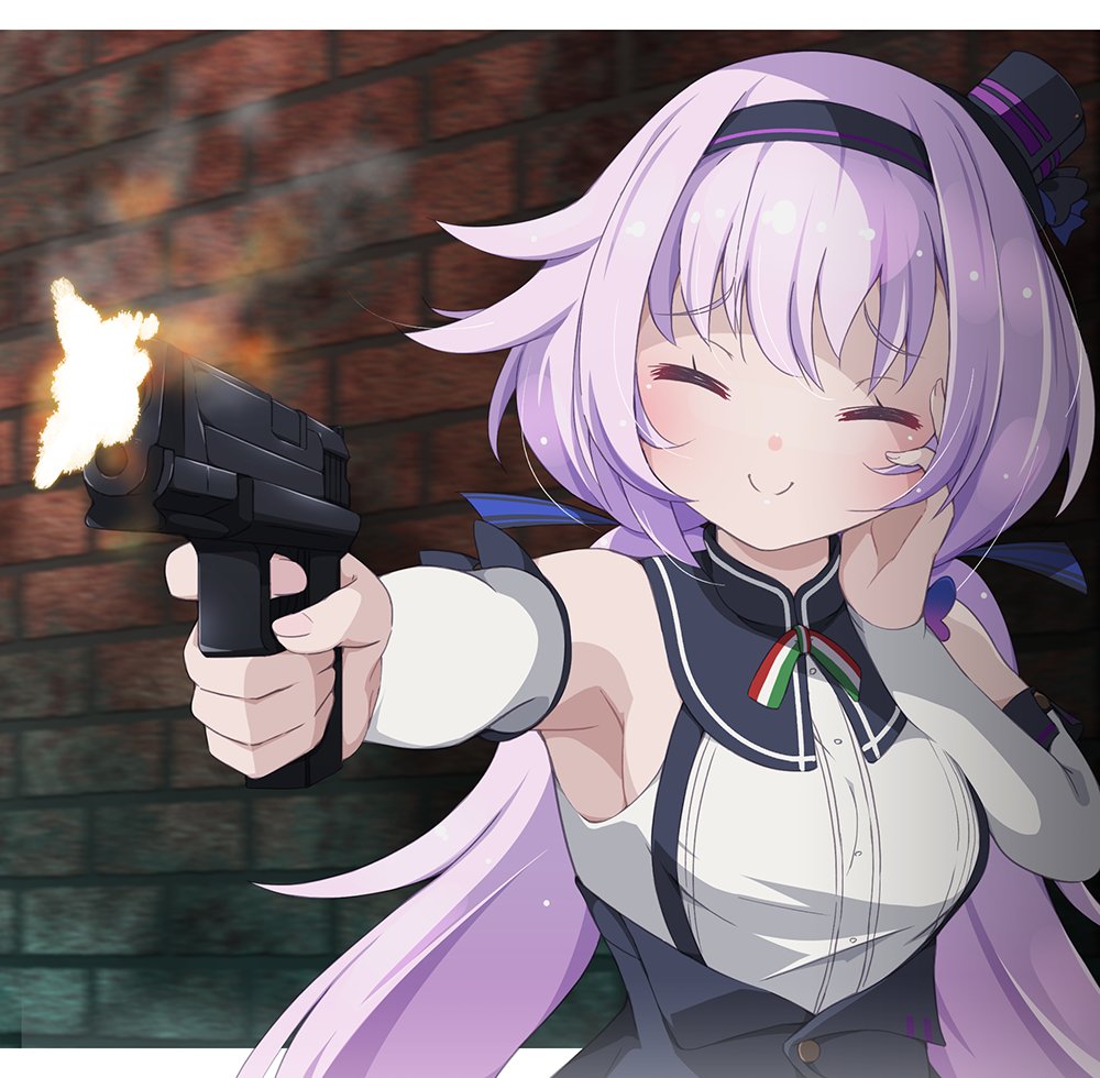 .live 1girl blush breasts carro_pino closed_eyes commentary_request detached_sleeves drias firing_at_viewer gun handgun headband long_hair pistol purple_hair sleeveless small_breasts smile solo virtual_youtuber wall weapon