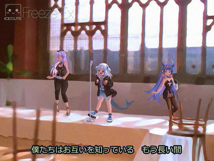 &gt;_&lt; 3girls adapted_costume artist_name bangs blunt_bangs bodysuit dancing english_commentary fish_tail freeze-ex gawr_gura hololive hololive_english leggings long_hair mori_calliope multiple_girls never_gonna_give_you_up ninomae_ina'nis pink_hair purple_hair rickroll shark_tail sharp_teeth silver_hair smile subtitled tail teeth very_long_hair virtual_youtuber watermark