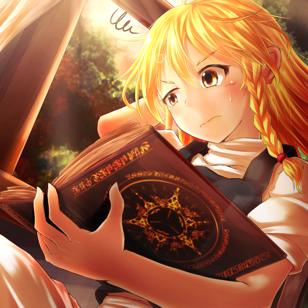 1girl arm_behind_head arms_up black_vest blonde_hair book braid commentary_request curtains day dutch_angle from_below frown furrowed_eyebrows grimoire holding holding_book indoors kirisame_marisa long_hair looking_down no_hat no_headwear nogiguchi open_book puffy_short_sleeves puffy_sleeves reading shirt short_sleeves single_braid sitting solo squiggle sweatdrop touhou tree uneven_eyes vest white_shirt window