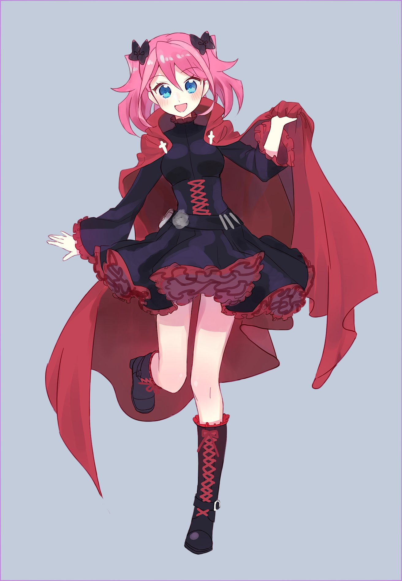 1girl :d bangs belt_boots black_bow black_dress black_footwear blue_eyes blush boots bow bustier byoru cape cosplay cross-laced_footwear dress eyebrows_visible_through_hair frilled_boots frilled_dress frills full_body grey_background hair_between_eyes hair_bow highlights highres hiiragi_yuzu knee_boots lace-up_boots layered_dress long_dress long_hair multicolored_hair open_mouth pink_hair red_cape ruby_rose ruby_rose_(cosplay) rwby shiny shiny_hair short_dress smile solo standing standing_on_one_leg yu-gi-oh! yu-gi-oh!_arc-v