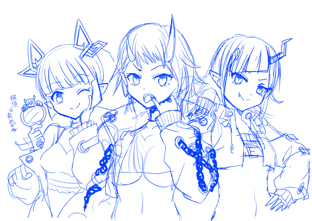 3girls ;) arrow_(symbol) asymmetrical_horns bangs blue_theme breasts closed_mouth crop_top crop_top_overhang diagonal_bangs fang fang_out finger_in_mouth hair_ornament hand_mirror hand_on_hip head_tilt holding holding_mirror horns jacket kojo_anna long_hair long_sleeves medium_breasts mirror monochrome multiple_girls navel okiru one_eye_closed open_clothes open_jacket pointy_ears puffy_long_sleeves puffy_sleeves ryugasaki_rene shishio_chris simple_background sleeves_past_wrists smile sugar_lyric tongue tongue_out translation_request under_boob upper_body v-shaped_eyebrows virtual_youtuber white_background