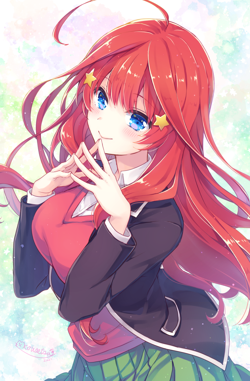 1girl ahoge bangs black_jacket blazer blue_eyes blush breasts closed_mouth collared_shirt commentary_request cowboy_shot eyebrows_visible_through_hair fingers_together go-toubun_no_hanayome green_skirt hair_ornament highres jacket kousetsu long_hair long_sleeves looking_at_viewer medium_breasts multicolored multicolored_background nakano_itsuki open_clothes open_jacket pleated_skirt redhead school_uniform shirt signature skirt smile solo star_(symbol) star_hair_ornament sweater_vest very_long_hair