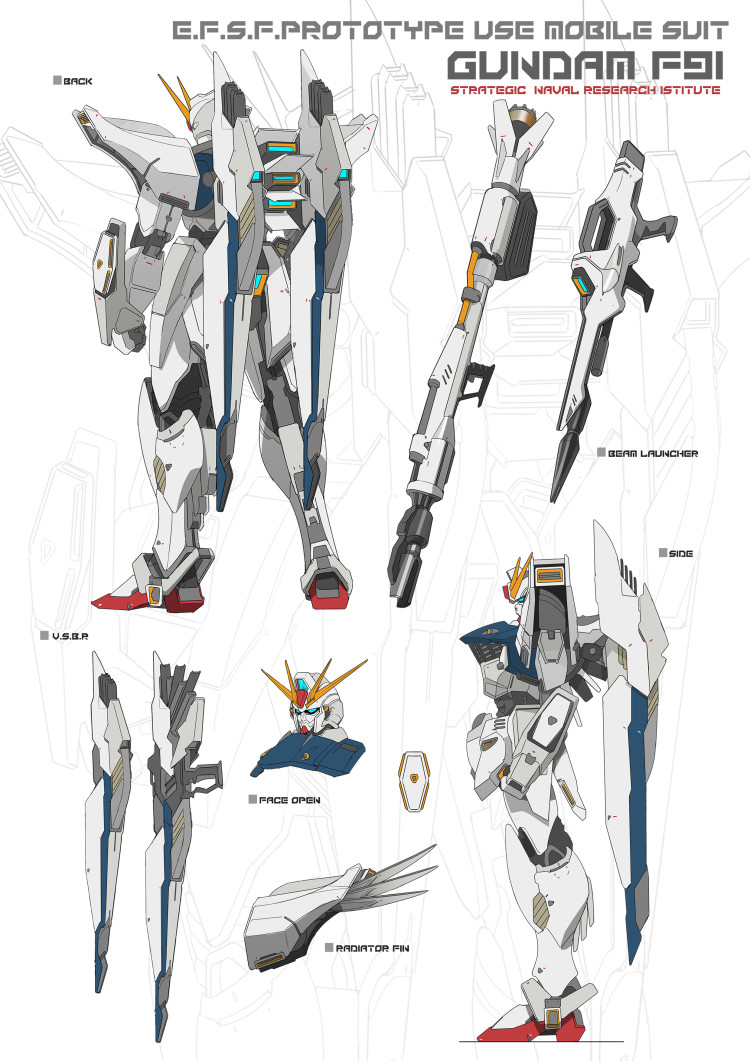 blue_eyes character_name clenched_hands f91_gundam from_behind from_side gundam gundam_f91 mecha mobile_suit multiple_views no_humans redesign science_fiction shinnasuka025 v-fin