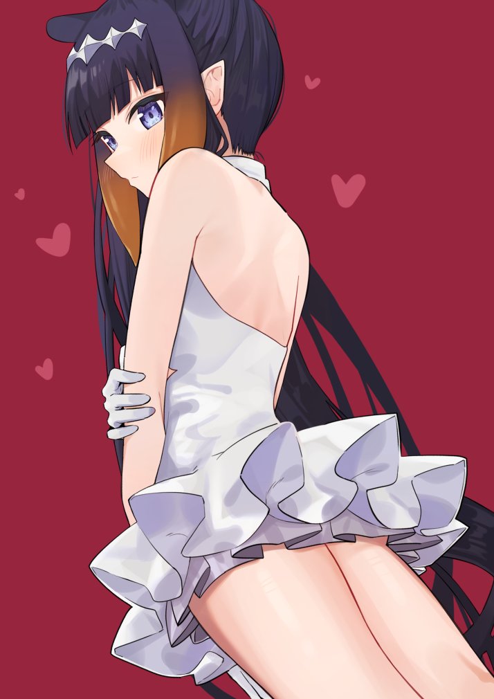 1girl alternate_costume alternate_hairstyle back bangs blue_eyes blunt_bangs blush cocktail_dress cowboy_shot dress gloves halter_dress halterneck heart holding_own_arm hololive hololive_english long_hair looking_at_viewer ninomae_ina'nis pointy_ears purple_hair red_background sidelocks simple_background solo syhan tentacle_hair very_long_hair virtual_youtuber white_dress white_gloves