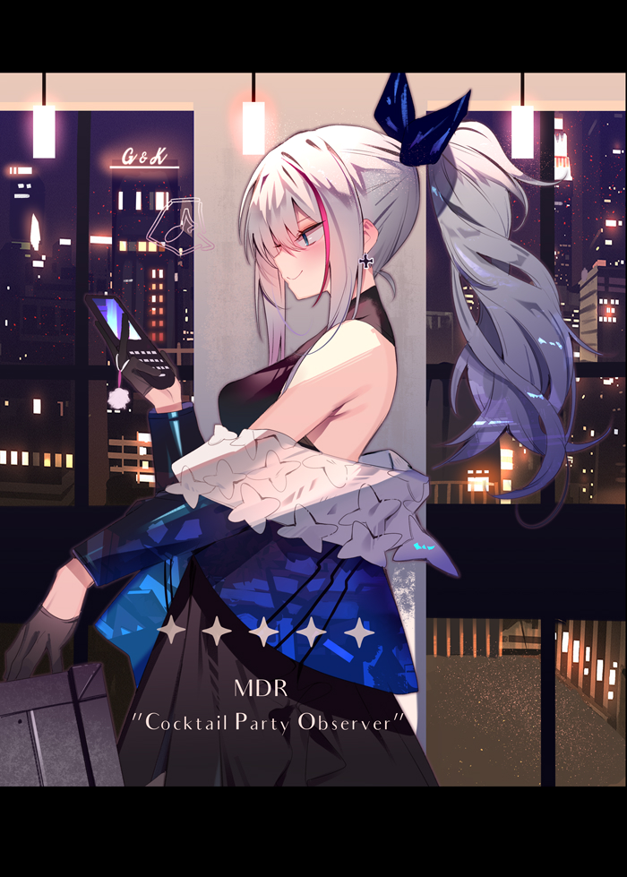 1girl bangs bare_shoulders black_dress black_gloves blue_jacket blush breasts cellphone character_name city cross cross_earrings dress earrings flip_phone from_side girls_frontline gloves hair_ribbon holding holding_phone jacket jewelry long_hair mdr_(girls_frontline) multicolored_hair musical_note off_shoulder phone ponytail profile ribbon silver_hair smile solo soukou_makura spoken_musical_note streaked_hair