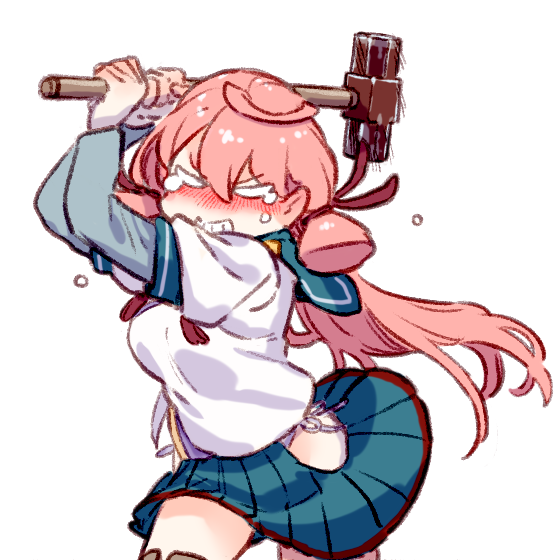 1girl akashi_(kancolle) angry blush breasts crying crying_with_eyes_open grin hip_vent kantai_collection long_hair mallet medium_breasts panties pink_hair side-tie_panties smile solo tears underwear uyama_hajime very_long_hair