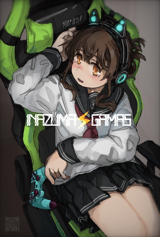 1girl anchor_symbol bangs black_skirt blush brown_eyes brown_hair cat_ear_headphones chair character_name controller folded_ponytail game_controller gaming_chair grey_background headphones holding inazuma_(kancolle) jewelry kantai_collection kuro4221 long_sleeves neckerchief open_mouth pleated_skirt ponytail qr_code red_neckwear ring sailor_collar school_uniform serafuku simple_background sitting skirt solo